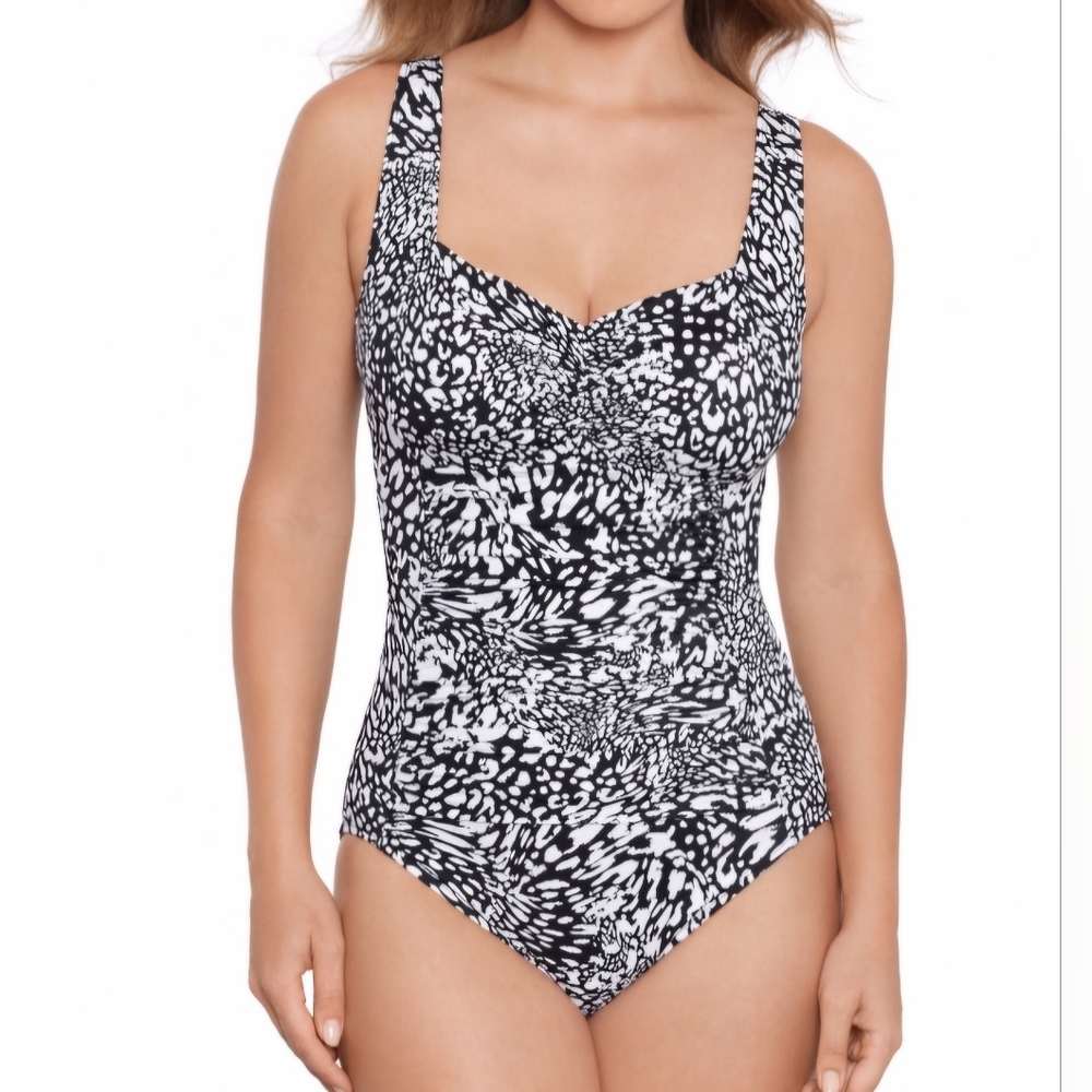 Swim Solutions Women's Printed Ruched-Front One Piece Swimsuit, Leopard Swirl,18